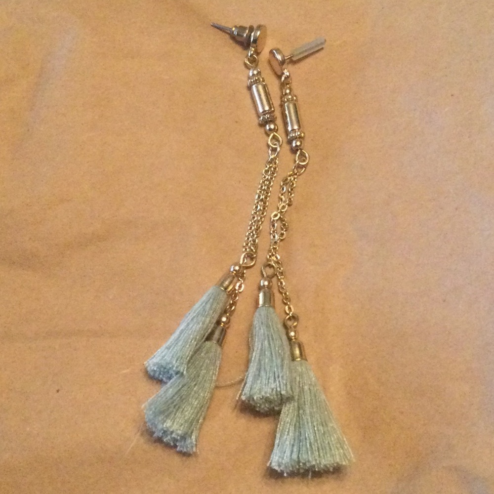 Pretty gold and sea foam blue long tassel earrings